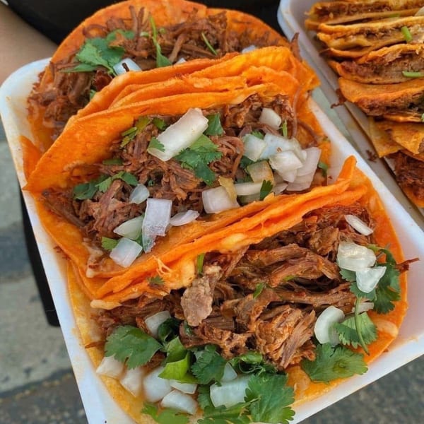 Close-up of three Carnales Taqueria birria tacos with shredded meat, cilantro, and diced onions.